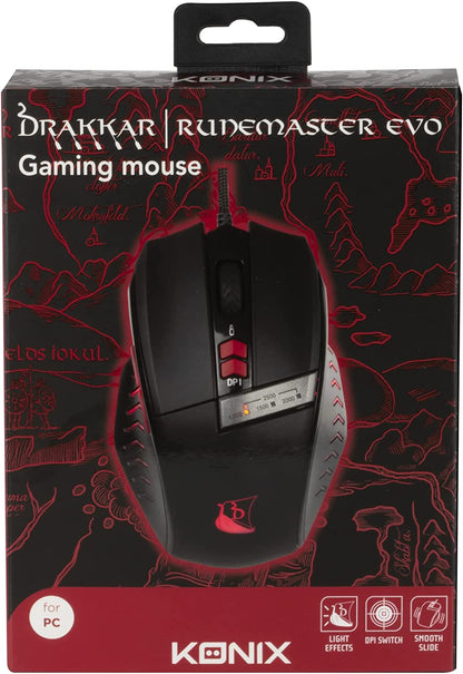 Konix Drakkar Gaming-Maus Runemaster Evo für PC - LED-Hintergrundbeleuchtung - USB-Anschluss - 1,8 m Kabel - Schwarz und Rot