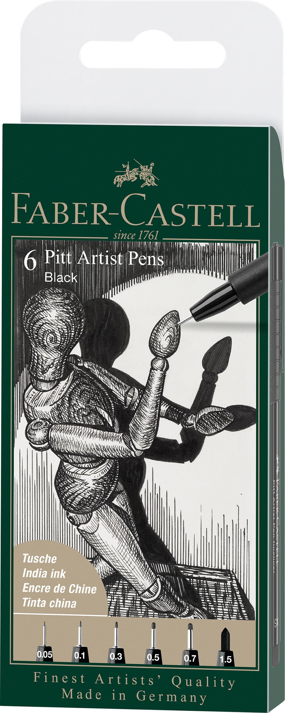 Faber-Castell Art & Graphic Pitt Artist Pen India Ink Pen, Black, Wallet Of 6, For Art, Craft, Drawing, Sketching, Home, School, University, Colouring