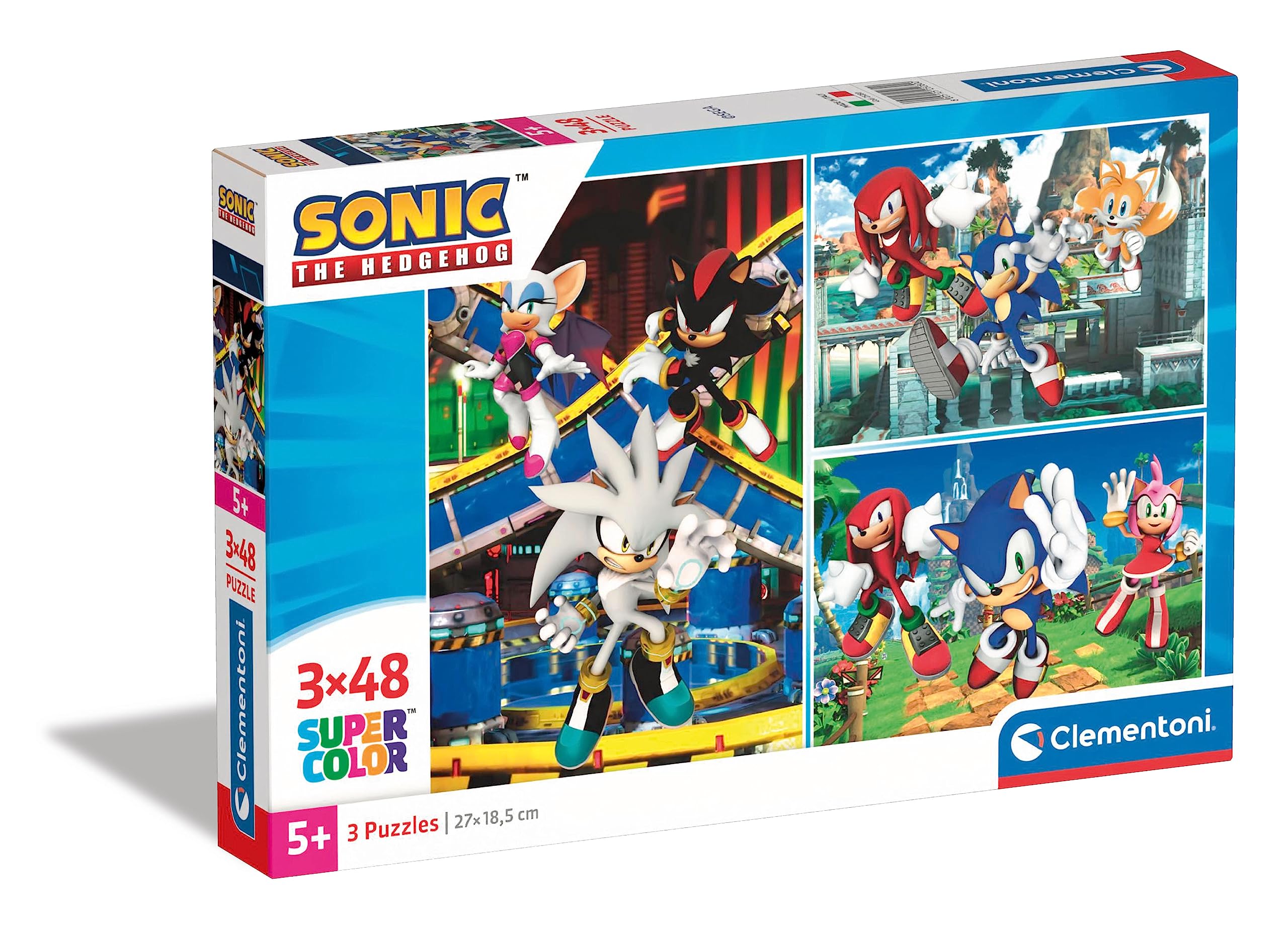 Clementoni 25280 Sonic Supercolor Puzzle Sonic-3X48 Teile Ab 4 Jahren, buntes Kinderpuzzle mit besonderer Leuchtkraft & Farbintensität, Geschicklichkeitsspiel für Kinder, Mehrfarbig, One Size