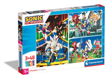 Clementoni 25280 Sonic Supercolor Puzzle Sonic-3X48 Teile Ab 4 Jahren, buntes Kinderpuzzle mit besonderer Leuchtkraft & Farbintensität, Geschicklichkeitsspiel für Kinder, Mehrfarbig, One Size