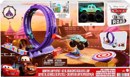Mattel Disney Cars on the Road Set de juego Circo de acrobacias Pista para coches de juguete basado en la serie, inlcuye 2 vehículos personaje y accesorios, +4 años (HGV73