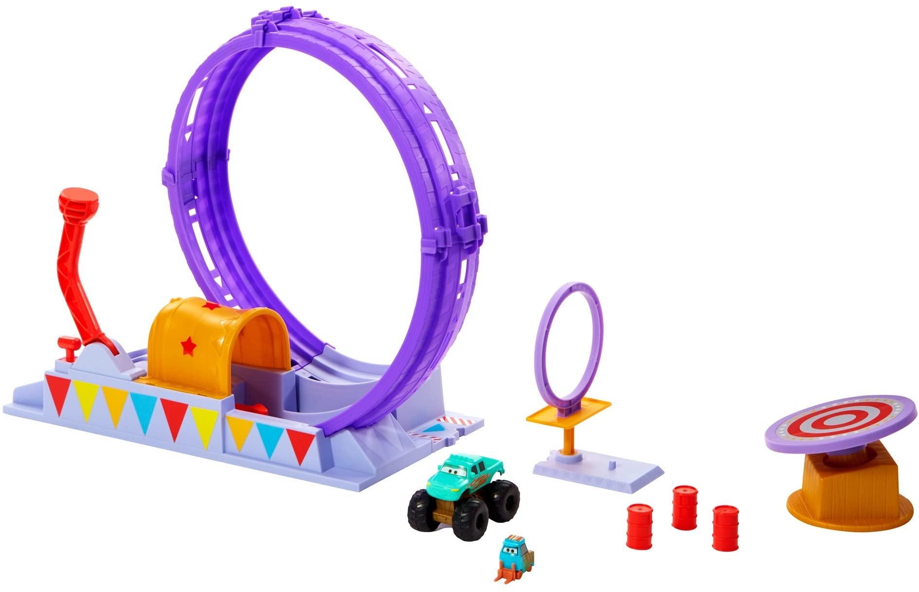 Mattel Disney Cars on the Road Set de juego Circo de acrobacias Pista para coches de juguete basado en la serie, inlcuye 2 vehículos personaje y accesorios, +4 años (HGV73