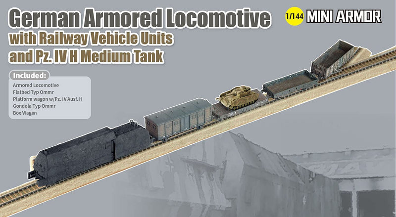 Dragon DR14152 1/144 WWII German Armored Steam Locomotives and Freight Vehicle Unit & IV Tank H-Type Plastic Model