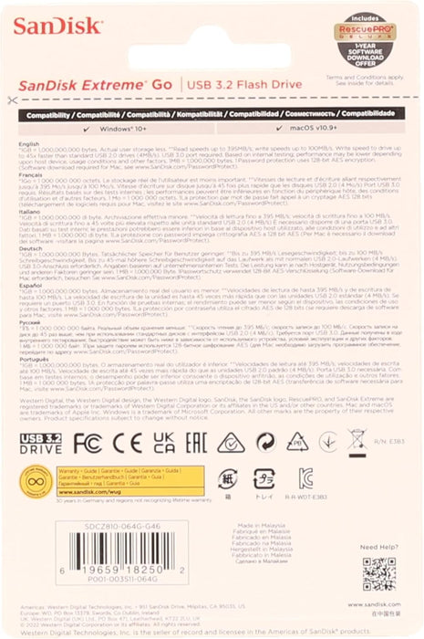 SanDisk Extreme GO USB 3.2 Flash Drive 64 GB (Highspeed USB, Lesegeschwindigkeit 400 MB/s, SanDisk SecureAccess, RescuePRO Deluxe