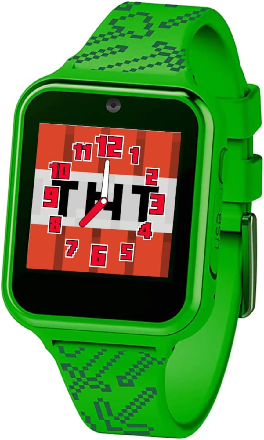 Accutime Kids Microsoft Minecraft Green Educational Touchscreen Smart Watch Toy for Boys, Girls, Toddlers - Selfie Cam, Learning Games, Alarm, Calculator, Pedometer & More (Model: MIN4045AZ