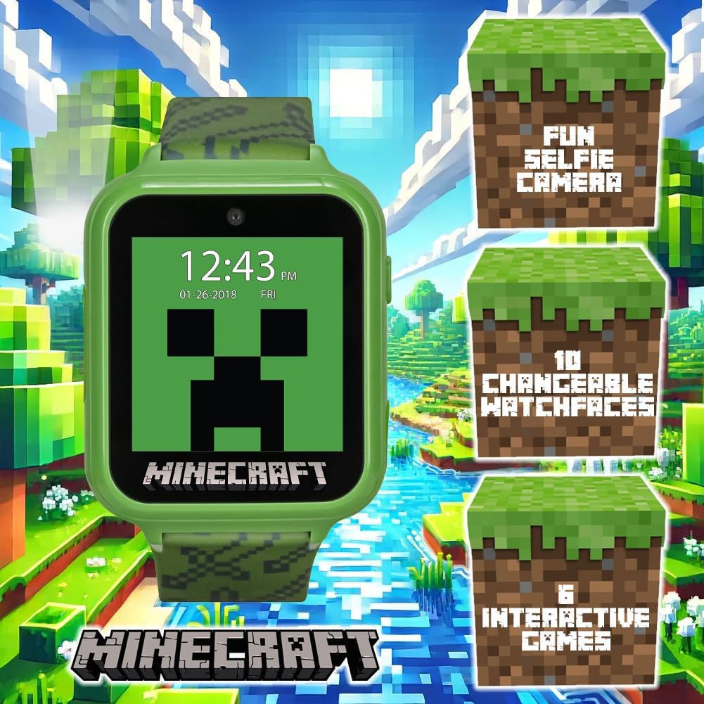 Accutime Kids Microsoft Minecraft Green Educational Touchscreen Smart Watch Toy for Boys, Girls, Toddlers - Selfie Cam, Learning Games, Alarm, Calculator, Pedometer & More (Model: MIN4045AZ