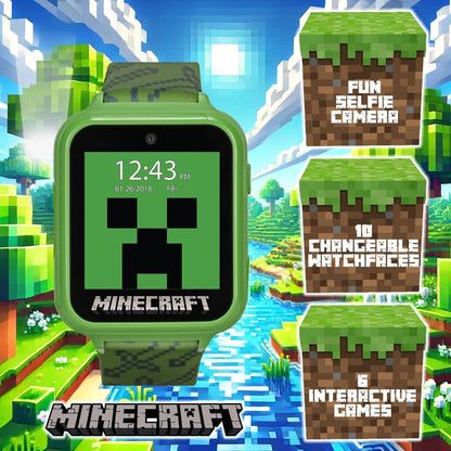 Accutime Kids Microsoft Minecraft Green Educational Touchscreen Smart Watch Toy for Boys, Girls, Toddlers - Selfie Cam, Learning Games, Alarm, Calculator, Pedometer & More (Model: MIN4045AZ