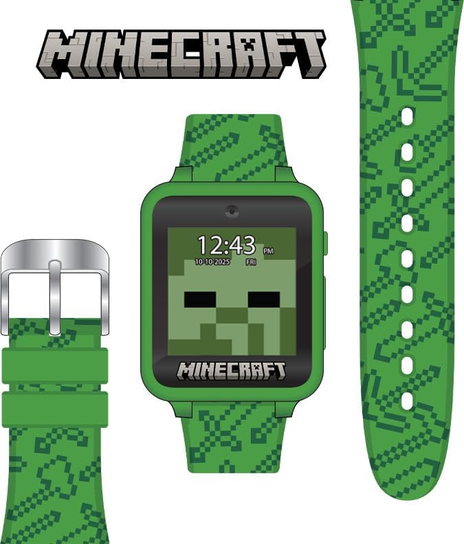 Accutime Kids Microsoft Minecraft Green Educational Touchscreen Smart Watch Toy for Boys, Girls, Toddlers - Selfie Cam, Learning Games, Alarm, Calculator, Pedometer & More (Model: MIN4045AZ