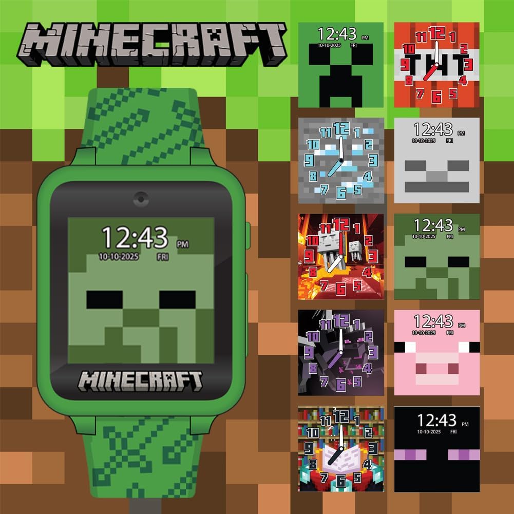 Accutime Kids Microsoft Minecraft Green Educational Touchscreen Smart Watch Toy for Boys, Girls, Toddlers - Selfie Cam, Learning Games, Alarm, Calculator, Pedometer & More (Model: MIN4045AZ