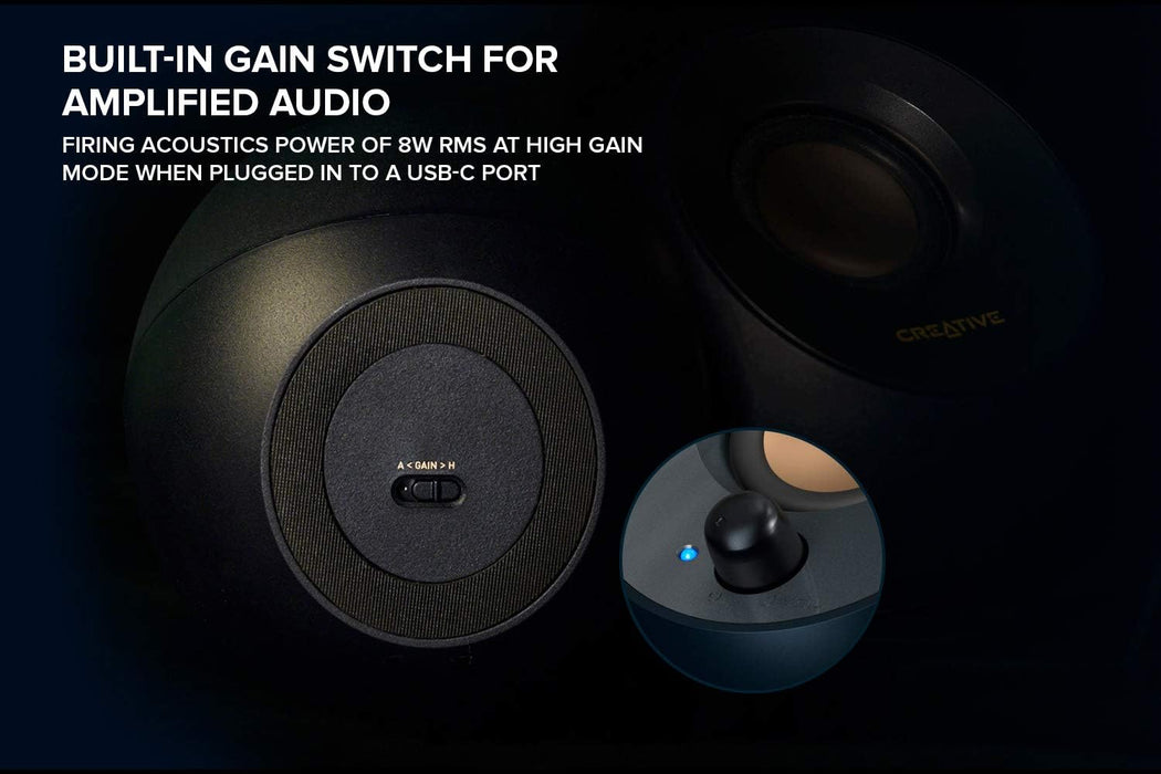 CREATIVE Pebble V2 - Minimalistic 2.0 USB-C Powered Desktop Speakers, 3.5 mm AUX-in, Up to 8W RMS Power for Computers and Laptops, Type-A Adapter Included and Extended Cable (Black