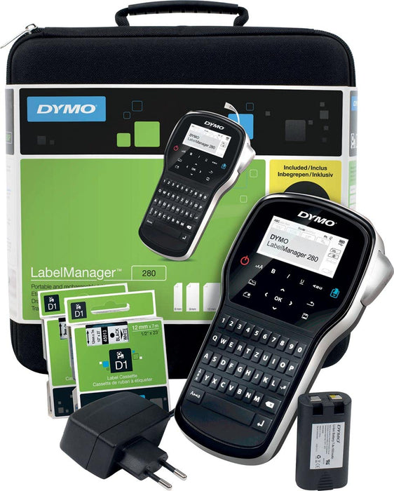 Dymo LabelManager 280 Rechargeable Handheld Label Maker Kit | QWERTY Keyboard | with 2 Rolls of D1 Labels & Carrying Case