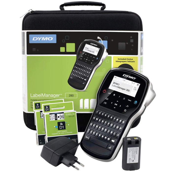 Dymo LabelManager 280 Rechargeable Handheld Label Maker Kit | QWERTY Keyboard | with 2 Rolls of D1 Labels & Carrying Case