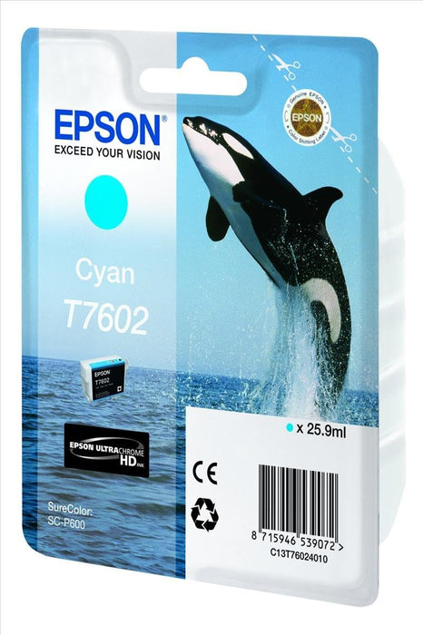 Epson Killer Whale T7602 Ink Cartridge, Cyan, Genuine,25.9 ml