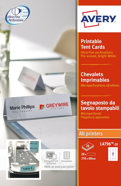 Avery L4796-20 Printable Place/Tent Cards, 1 Card Per A4 Sheet, White