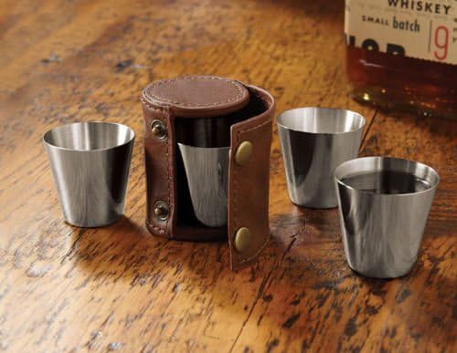Kikkerland BA59 Shotbril met leren etui, roestvrij staal, zwart, 5-delige set