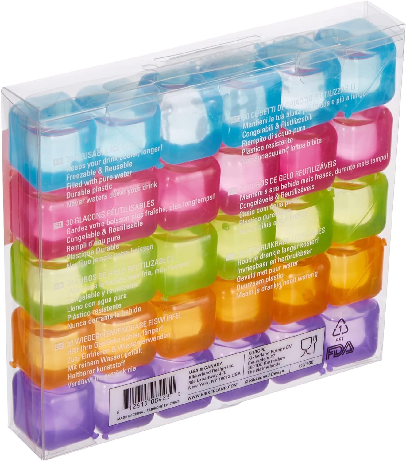 Kikkerland Reusable Ice Cubes, Set of 30, Blue/Pink/Green/Orange/Purple, 16.3 x 2.8 x 13.8 cm