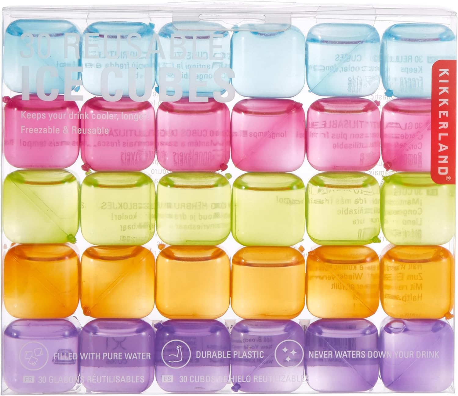 Kikkerland Reusable Ice Cubes, Set of 30, Blue/Pink/Green/Orange/Purple, 16.3 x 2.8 x 13.8 cm
