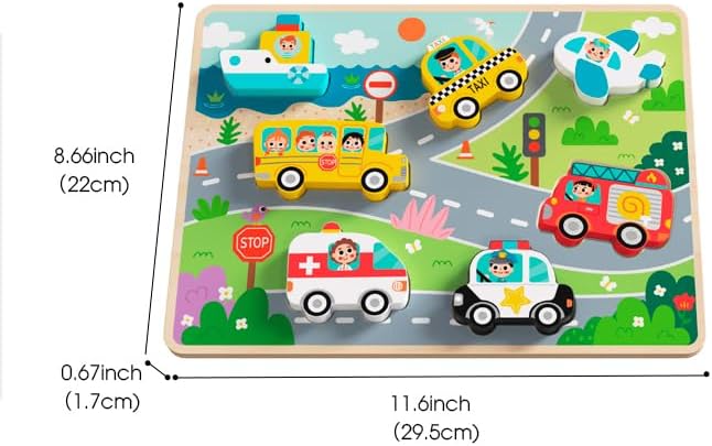 Tooky Toy Kinder Holz-Puzzle Fahrzeuge 3D TH634 Steckpuzzle, 8-teilig, ab 1 Jahr, Farbe:bunt Mehrfarbig