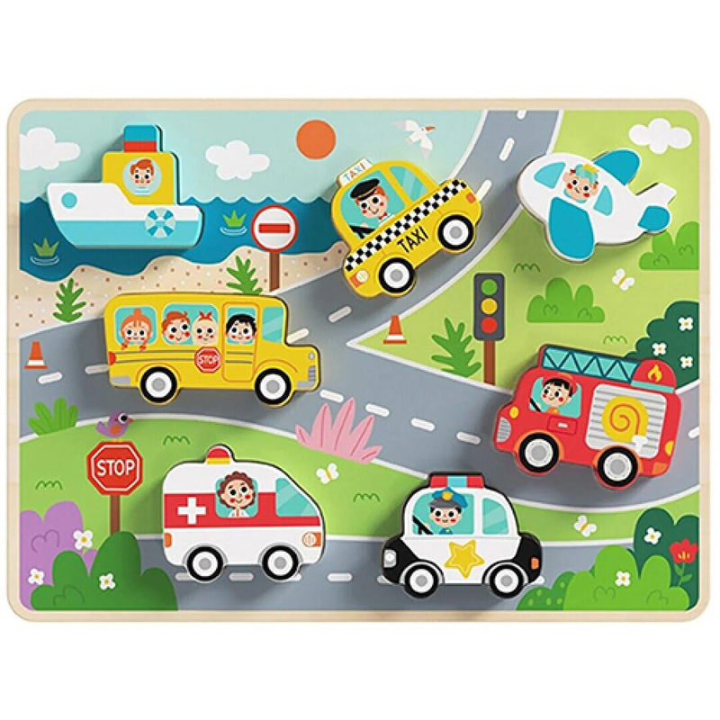 Tooky Toy Kinder Holz-Puzzle Fahrzeuge 3D TH634 Steckpuzzle, 8-teilig, ab 1 Jahr, Farbe:bunt Mehrfarbig
