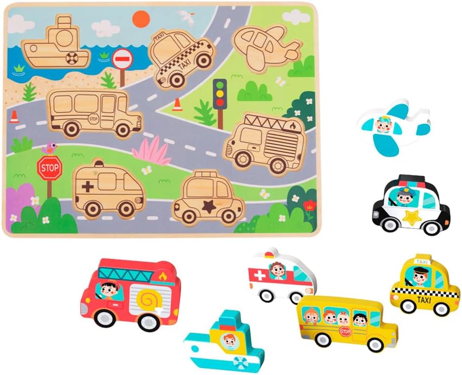 Tooky Toy Kinder Holz-Puzzle Fahrzeuge 3D TH634 Steckpuzzle, 8-teilig, ab 1 Jahr, Farbe:bunt Mehrfarbig