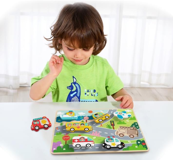 Tooky Toy Kinder Holz-Puzzle Fahrzeuge 3D TH634 Steckpuzzle, 8-teilig, ab 1 Jahr, Farbe:bunt Mehrfarbig