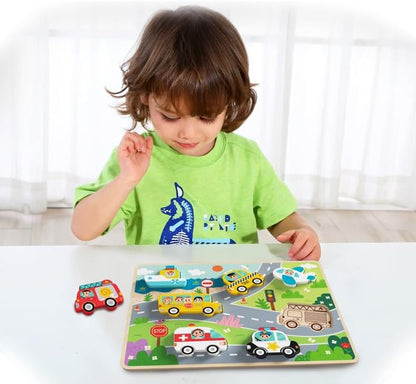Tooky Toy Kinder Holz-Puzzle Fahrzeuge 3D TH634 Steckpuzzle, 8-teilig, ab 1 Jahr, Farbe:bunt Mehrfarbig