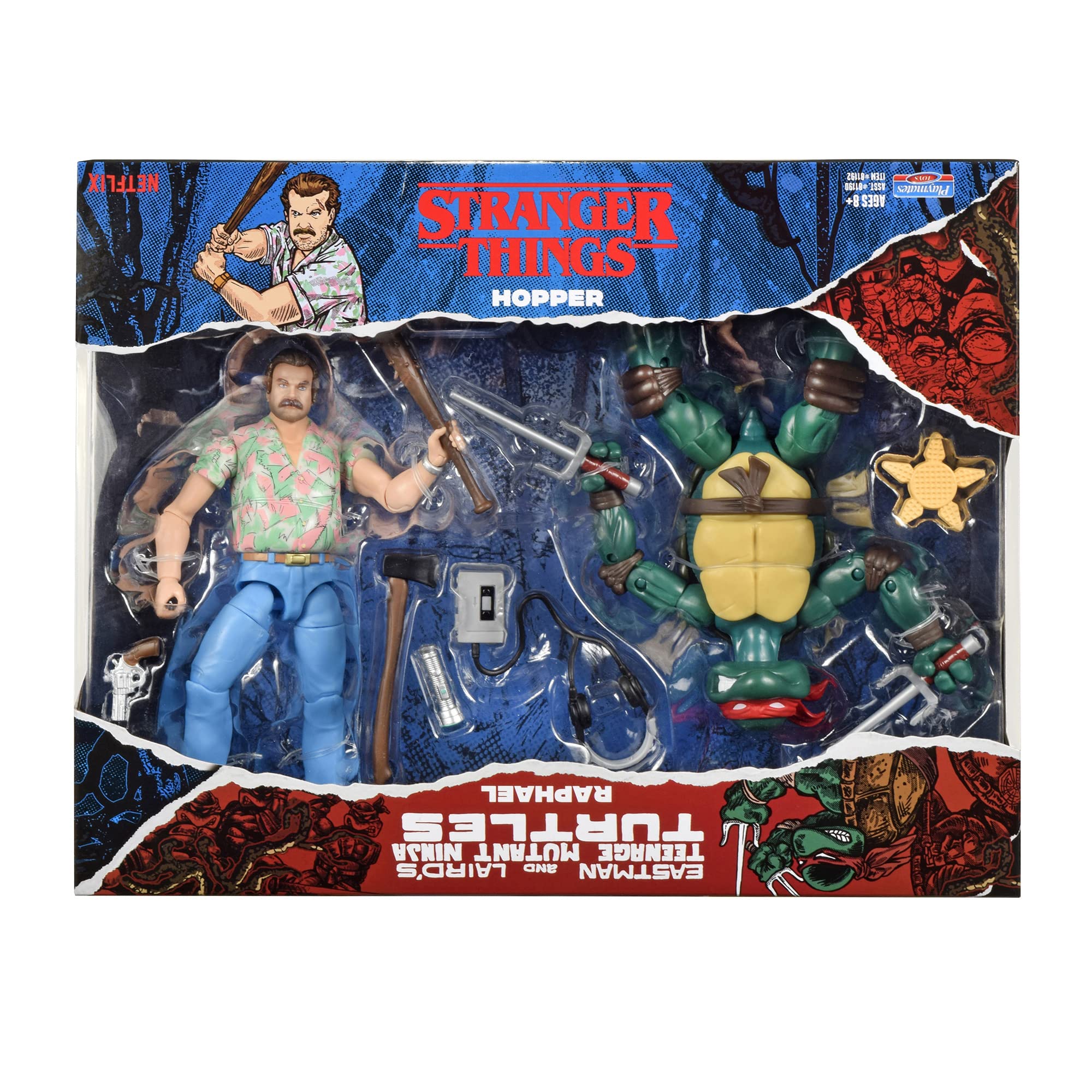 BANDAI 2 Pack | Teenage Mutant Ninja Turtles Raphael Vs Stranger Things Hopper Action Figures | 6'' And Turtle With Articulation, P81192 |