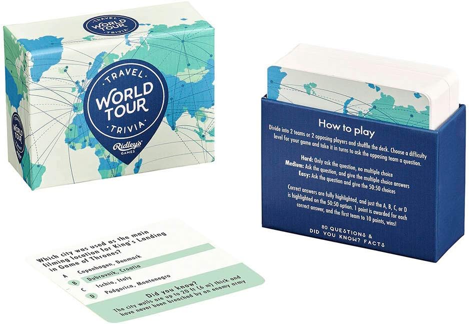 Ridley's World Tour Travel Trivia Card Game – Trivia Game for Adults and Kids – 2+ Players – Includes 80 Questions and Bonus Facts – Fun Quiz Cards, Makes a Great Gift, 1 ea
