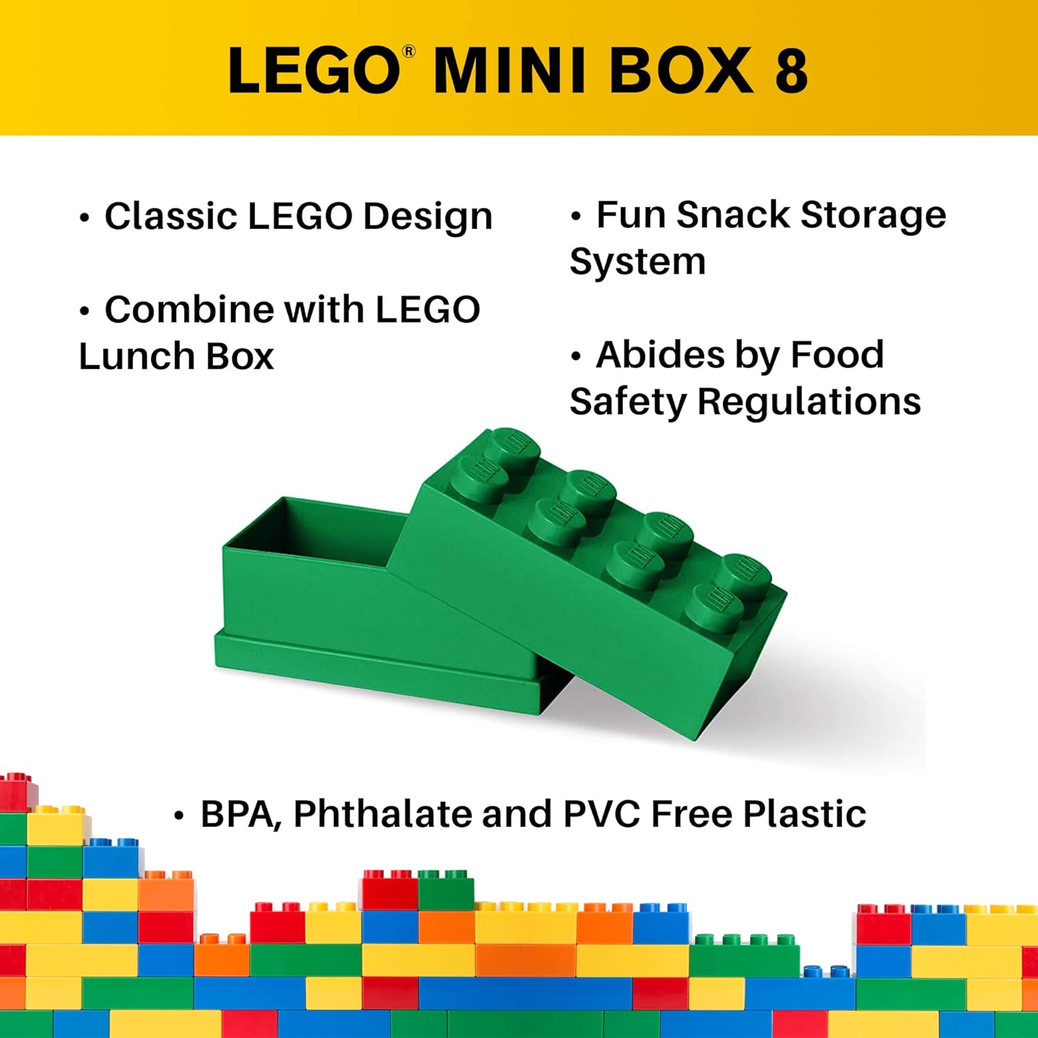 LEGO Mini Box 8 Knobs vert - Boîte de rangement compacte pour snacks, bijoux, accessoires cheveux, souvenirs – Facile à nettoyer, 46x92x43 mm