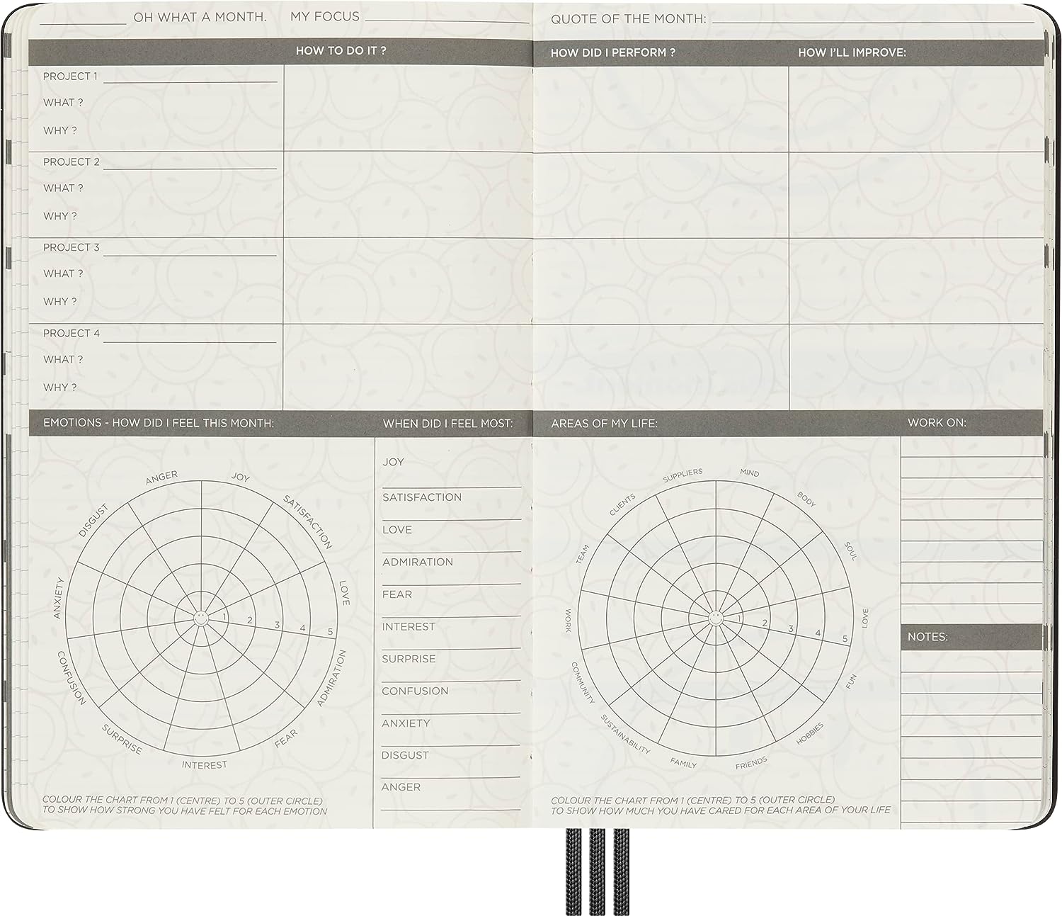 Moleskine - Positivity in Motion Undated Diary, Limited Edition Smiley Hard Cover and Elastic Closure Journal, Size Large 13 x 21 cm, Colour Black