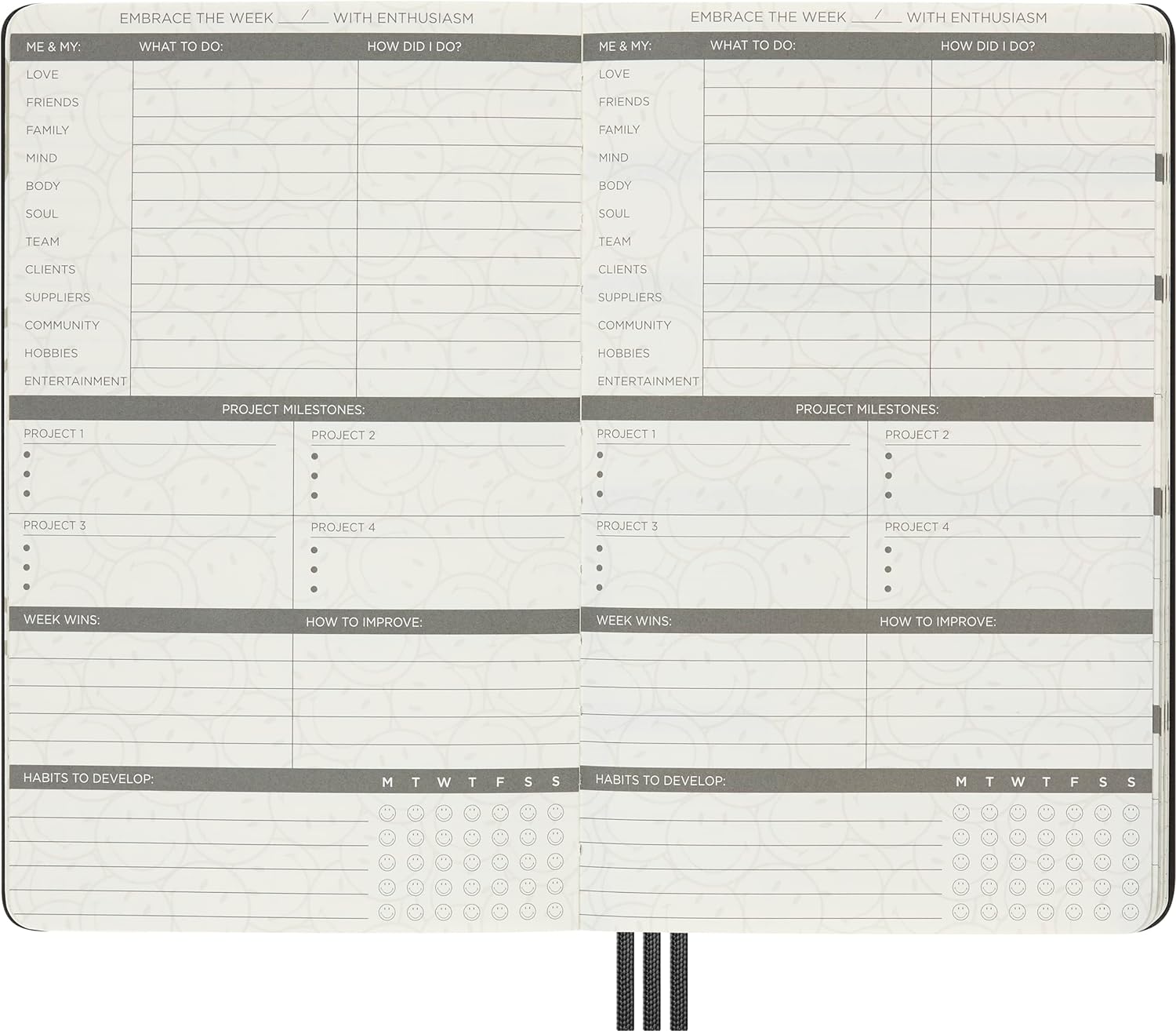 Moleskine - Positivity in Motion Undated Diary, Limited Edition Smiley Hard Cover and Elastic Closure Journal, Size Large 13 x 21 cm, Colour Black
