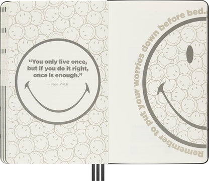 Moleskine - Positivity in Motion Undated Diary, Limited Edition Smiley Hard Cover and Elastic Closure Journal, Size Large 13 x 21 cm, Colour Black
