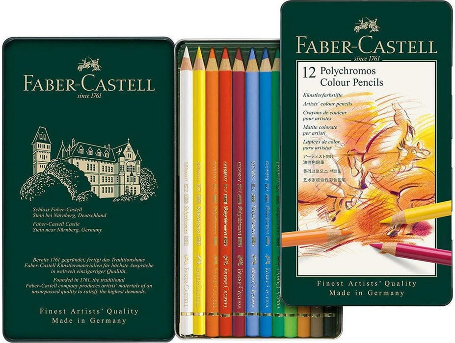 Faber-Castell Tin Of 12 Polychromos Blendable, Lightfast Drawing And Colouring Pencils For Artists, Beginners, Professionals, Students, Crafts, Colouring Books, Artwork, Soft Waterproof Oil Chalk Lead