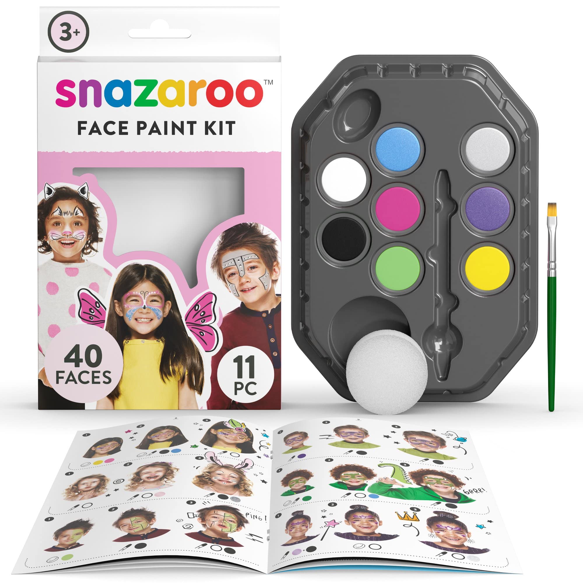 Snazaroo 1180137 Set de maquillaje con 8 colores al agua para cara y cuerpo con esponja, pincel e instrucciones - Fantasía
