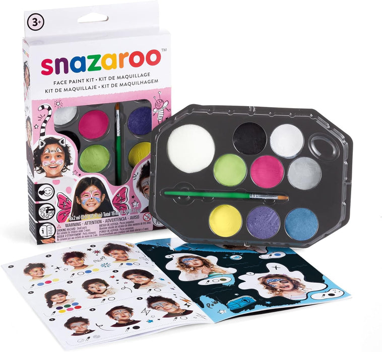Snazaroo 1180137 Set de maquillaje con 8 colores al agua para cara y cuerpo con esponja, pincel e instrucciones - Fantasía