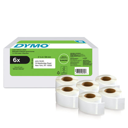 DYMO Authentic LabelWriter Return Address Labels | 25 Mm X 54 Mm | Self-Adhesive | 6 Rolls of 500 Easy-Peel Labels (3,000 Count) | LabelWriter Label Makers | Made in Europe