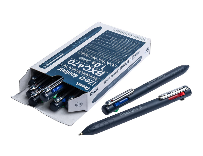 Pentel BXC470-DC - Bolígrafo iZee de 4 colores (negro, rojo, azul y verde) con pulsadores laterales en color de tinta, grosor de trazo de 0,5 mm, recargables, 12 unidades