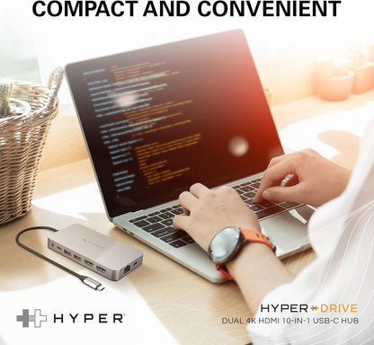 HyperDrive 4K Dual HDMI USB C Hub M1 MacBook 10in1: Dual 4K HDMI, Gigabit Ethernet, USB-A, USB-C, USB-C 100W Power Delivery, MicroSD/SD, Headphone Jack for MacBook Pro/Air(M1), Windows PC, Chromebook