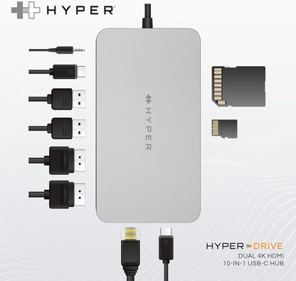 HyperDrive 4K Dual HDMI USB C Hub M1 MacBook 10in1: Dual 4K HDMI, Gigabit Ethernet, USB-A, USB-C, USB-C 100W Power Delivery, MicroSD/SD, Headphone Jack for MacBook Pro/Air(M1), Windows PC, Chromebook