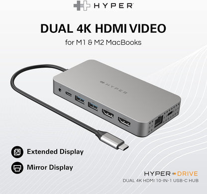 HyperDrive 4K Dual HDMI USB C Hub M1 MacBook 10in1: Dual 4K HDMI, Gigabit Ethernet, USB-A, USB-C, USB-C 100W Power Delivery, MicroSD/SD, Headphone Jack for MacBook Pro/Air(M1), Windows PC, Chromebook