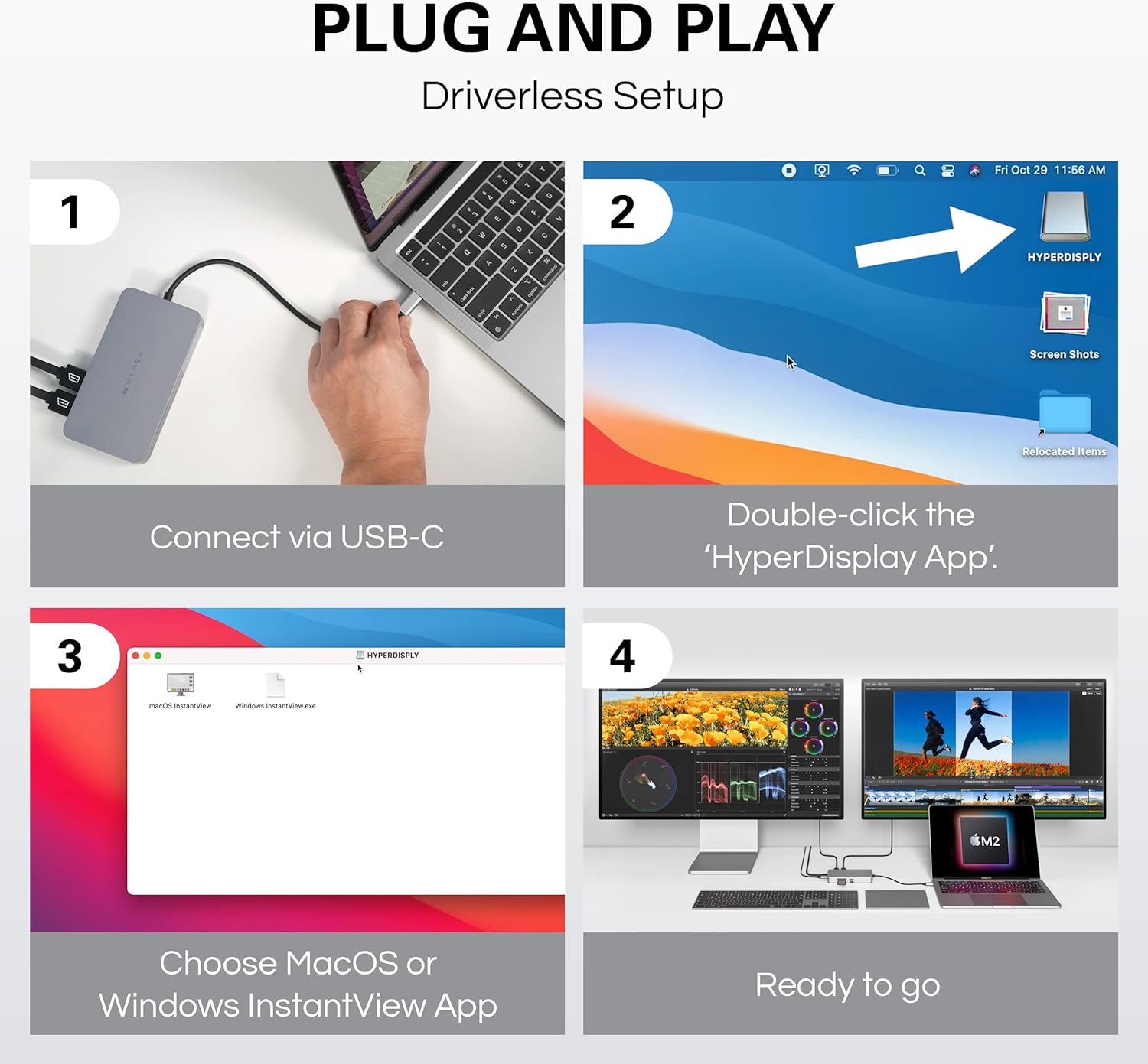 HyperDrive 4K Dual HDMI USB C Hub M1 MacBook 10in1: Dual 4K HDMI, Gigabit Ethernet, USB-A, USB-C, USB-C 100W Power Delivery, MicroSD/SD, Headphone Jack for MacBook Pro/Air(M1), Windows PC, Chromebook