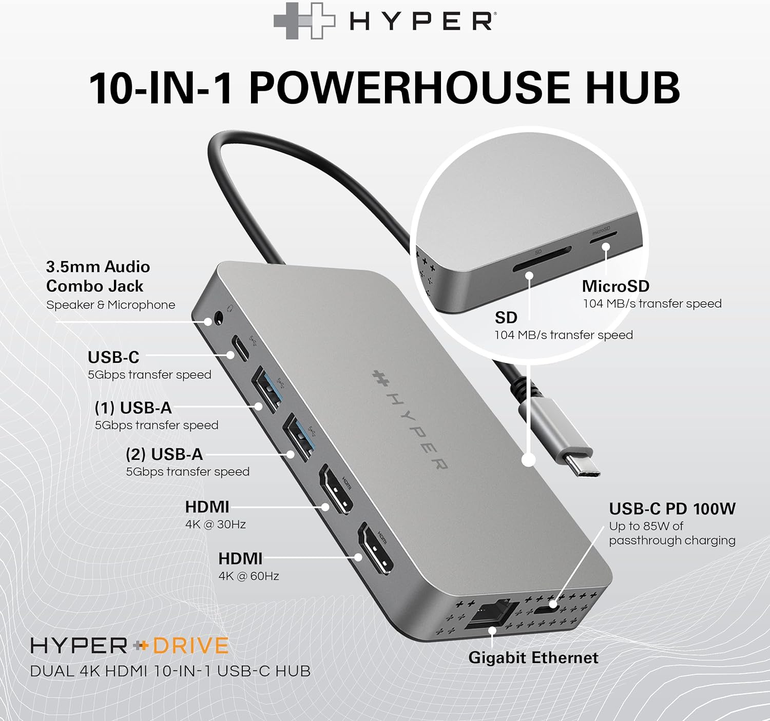 HyperDrive 4K Dual HDMI USB C Hub M1 MacBook 10in1: Dual 4K HDMI, Gigabit Ethernet, USB-A, USB-C, USB-C 100W Power Delivery, MicroSD/SD, Headphone Jack for MacBook Pro/Air(M1), Windows PC, Chromebook