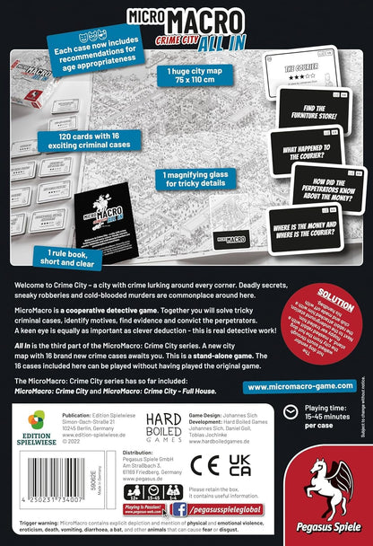 Pegasus Press | MicroMacro: Crime City 3: All In | Board Game | Ages 12+ | 1-4 Players | 15-45 Minutes Playing Time, White