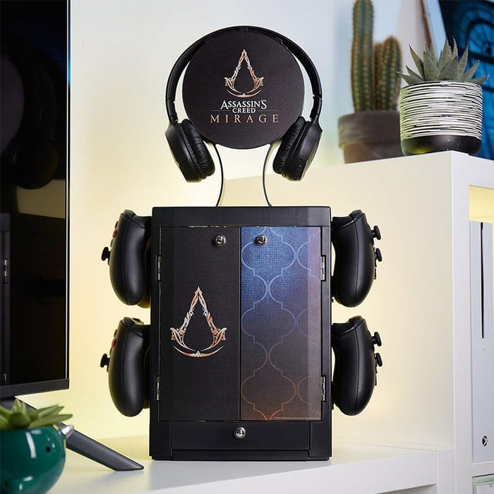Numskull Official Assassins Creed Gaming Locker & Storage Stand – Holds 10 Games/DVDs, 4 Controllers, Headset, and Accessories – Durable & Compact Organizer – Official Assassins Creed Merchandise