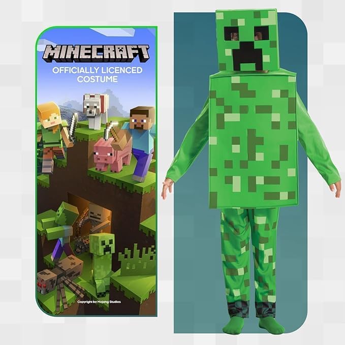 Disguise Minecraft Creeper Costume for Kids, Official Minecraft Licensed Product, Pixel Detailing, Includes Creeper Block Body and Creeper Headpiece, in sizes 7-8, 4-6, 3-4 years