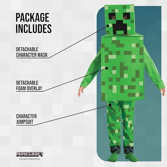 Disguise Minecraft Creeper Costume for Kids, Official Minecraft Licensed Product, Pixel Detailing, Includes Creeper Block Body and Creeper Headpiece, in sizes 7-8, 4-6, 3-4 years
