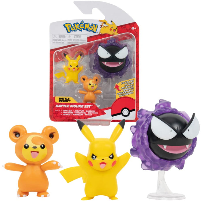 Pokémon PKW2347 - Battle Figure Set - Teddiursa, Pikachu, Nebulak, Official Movable Figures, 5 cm, 7.5 cm Nebulak