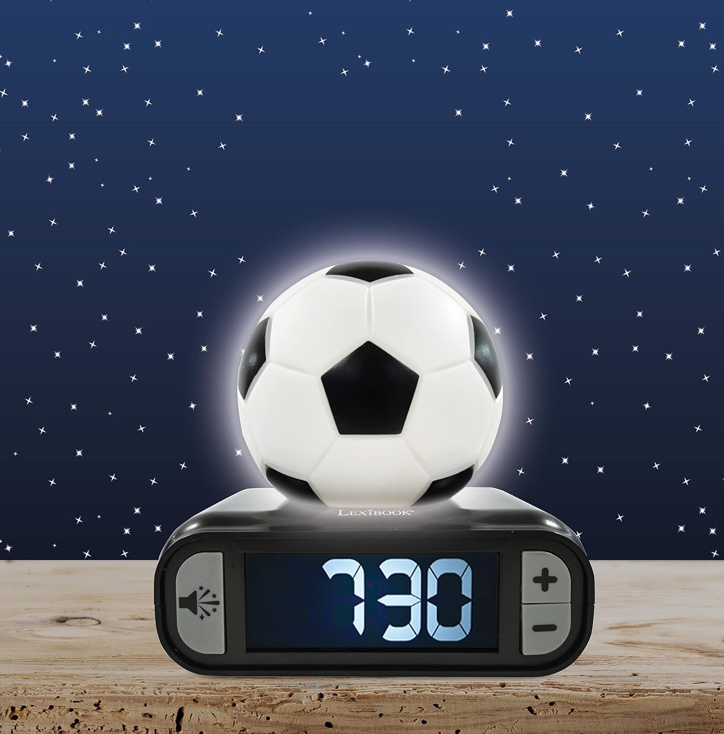 LEXIBOOK Digital Alarm Night Light Snooze, Clock, Luminous Soccer Ball, Colour, Black White Football