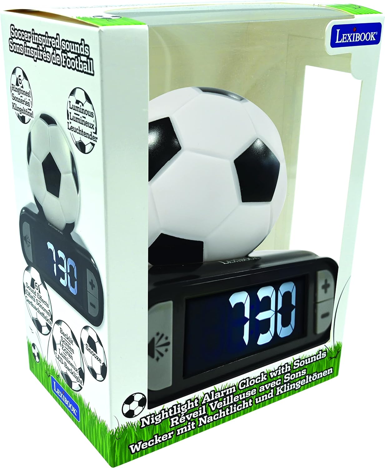 LEXIBOOK Digital Alarm Night Light Snooze, Clock, Luminous Soccer Ball, Colour, Black White Football