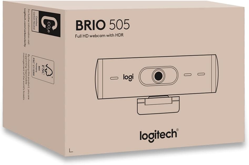 Logitech Brio 505 Full HD webcam with auto light correction, auto-framing, Show Mode, dual noise reduction mics, privacy shutter - Works with Microsoft Teams, Google Meet, Zoom - Grey